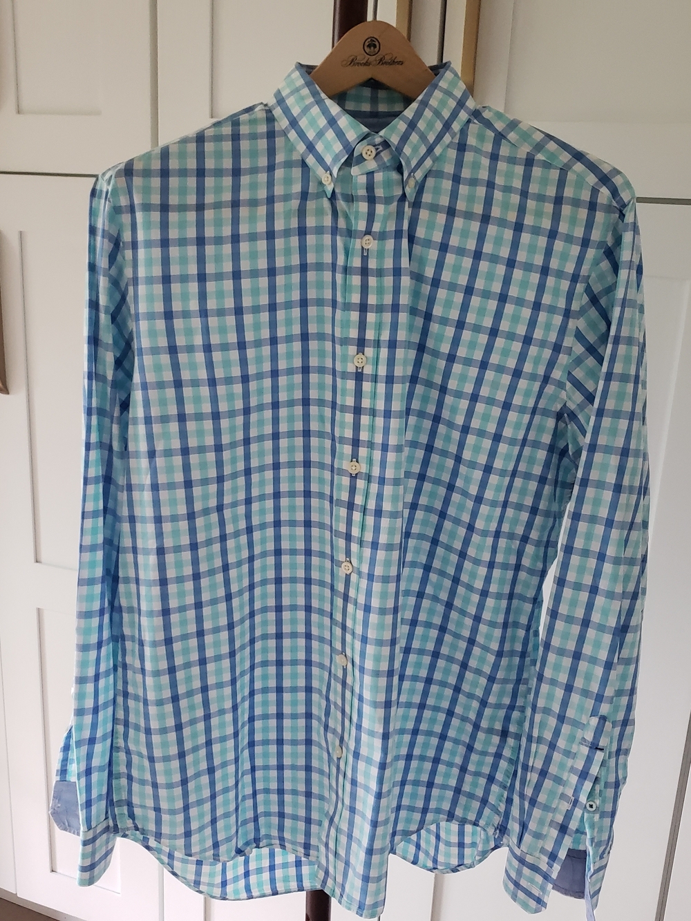 Banana Republic Blue & Green Plaid Button-Down Shirt‎ Soft Wash Slim Fit